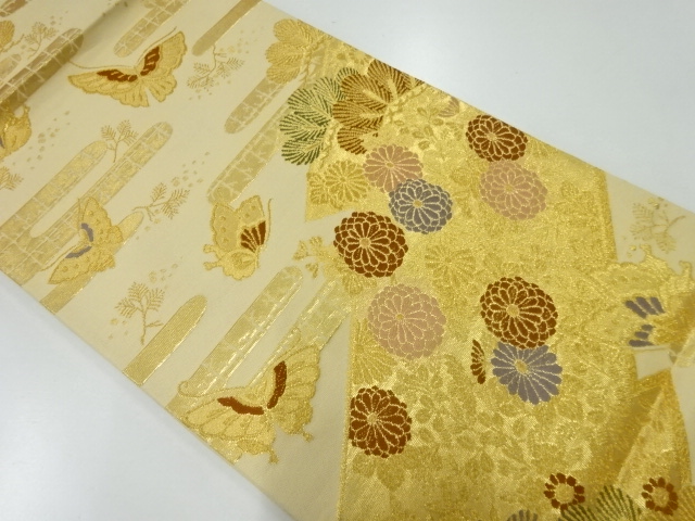 JAPANESE FUKURO OBI / GOLD / WOVEN FLOWER & BUTTERFLY